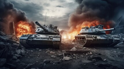 Canvas Print - Two tanks representing war and destruction 