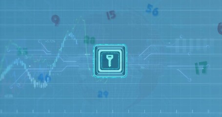 Poster - Animation of key in squares, multiple graphs with changing numbers, circuit board pattern on numbers