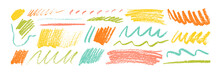 Charcoal Pencil Curly Lines, Colorful Squiggles And Shapes. Multi Colored Charcoal Pencil Scribble Vector Set. Hand Drawn Chalk Smears And Thin Lines. Crayon Sketch And Marker Childish Scribbles.
