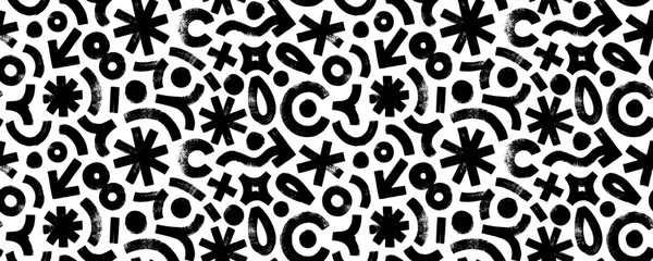 Abstract geometric doodle shapes seamless pattern. Banner background with bold brush drawn strokes, wavy lines, circles and dots, arrows, asterisks. Various doodle shapes with grunge texture.