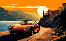 Beautiful Poster Illustration Of A Classic Car At Sunset In The Beach.