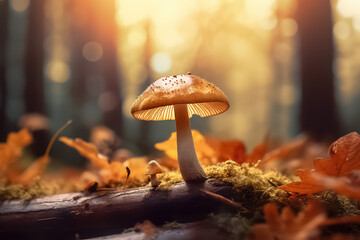 Mushroom on a background of red and yellow leaves.