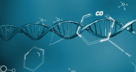 Poster - Animation of dna, molecular and chemical structures against blue background