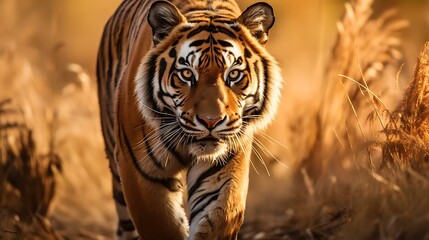  a tiger walking in a field
