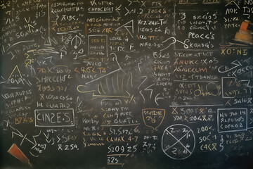 Blackboard with the inscription of scientific formulas and calculations in physics and mathematics.