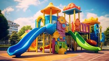 A Colorful Playground With Trees And Buildings
