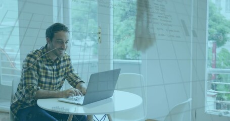 Poster - Animation of statistical, stock market data processing over biracial man using laptop at office