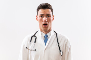 Wall Mural - Portrait of young doctor in panic.