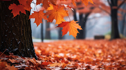 Wall Mural - Beautiful park with falling maple leaves new quality universal colorful technology stock image illustration design, generative ai