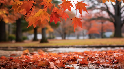 Wall Mural - Beautiful park with falling maple leaves new quality universal colorful technology stock image illustration design, generative ai