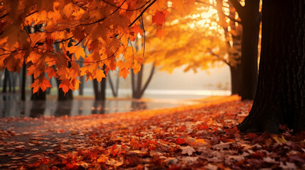 Wall Mural - Beautiful park with falling maple leaves new quality universal colorful technology stock image illustration design, generative ai