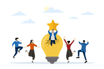 Ideas for team success. Community innovation solutions or inventions help companies achieve their goals. Achievement Star Award. Employees share light bulb ideas. flat vector illustration.