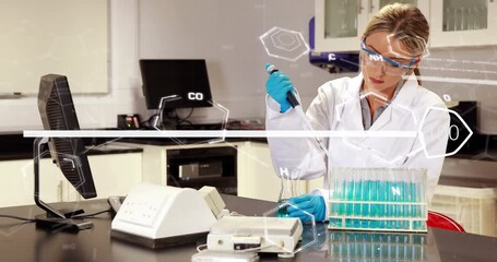 Poster - Animation of scientific data processing over caucasian female scientist in laboratory