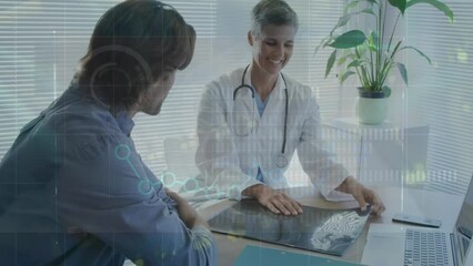 Poster - Animation of statistical data processing over caucasian female doctor talking to male patient