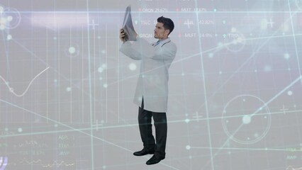 Poster - Animation of data processing, network of connections over caucasian male doctor examining x-ray