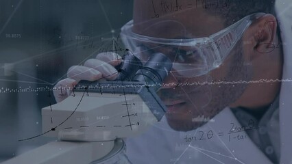 Poster - Animation of mathematical equations over african american scientist using microscope at laboratory
