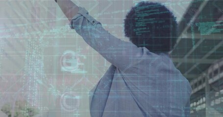 Poster - Animation of padlock and computer language, biracial woman gesturing hand to stop taxi