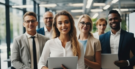 Aufkleber - Diverse and smiling startup entrepreneurs standing together showing teamwork goals, Happy, Contact us and learn about us and our vision.