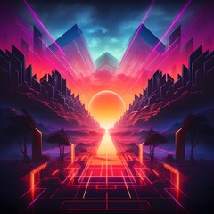 Wall Mural - landscape abstract fantasy city at sunset