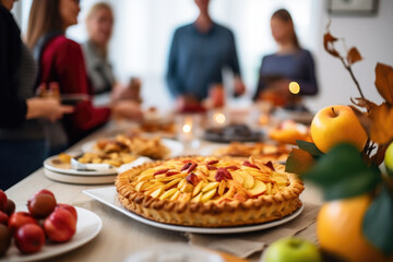 thanksgiving family dinner. traditional apple pie and vegan meal close up, with blurred happy people