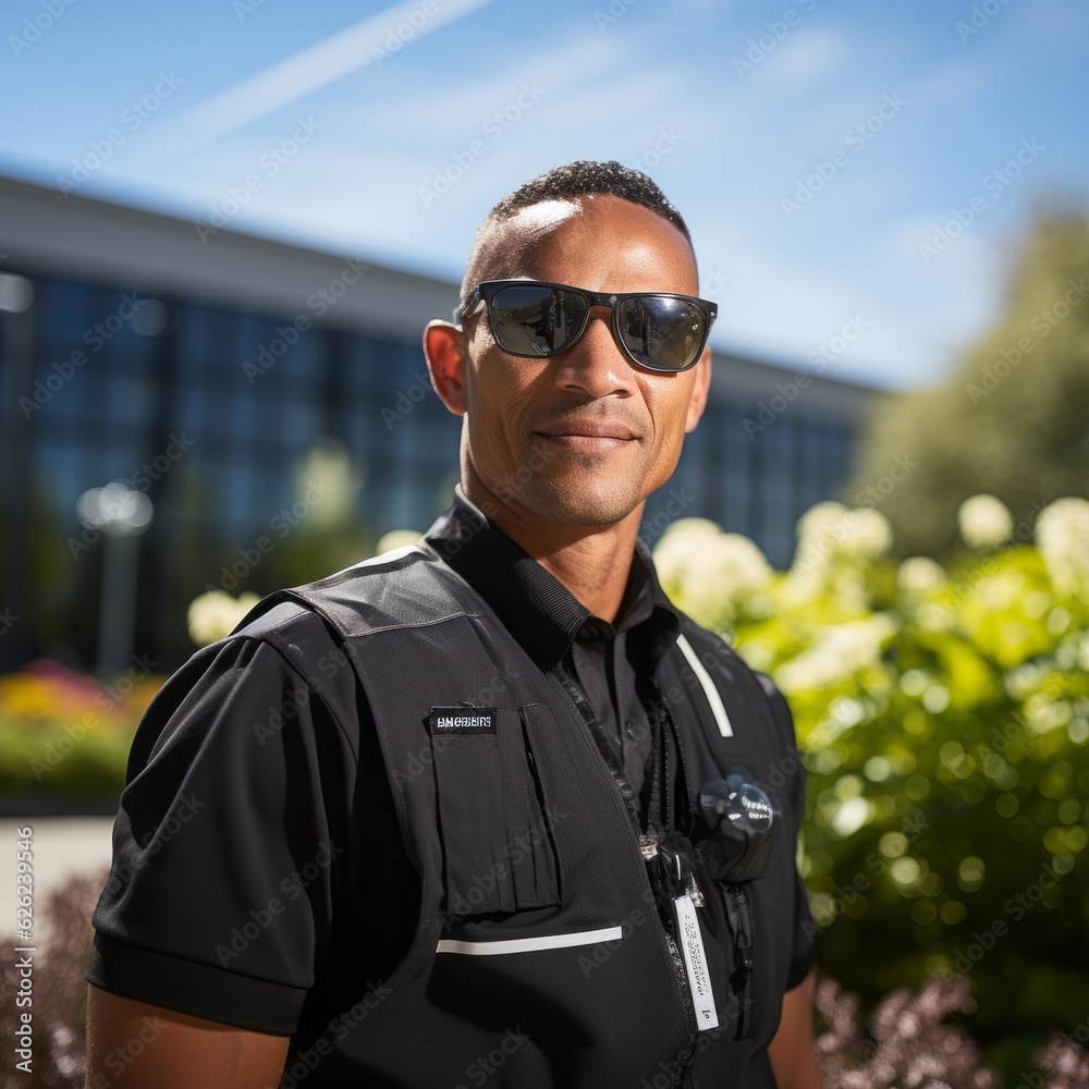 Portrait of smiling african american police officer standing at street ...