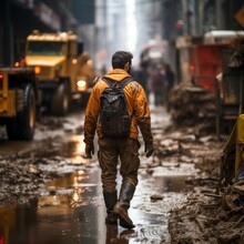 Municipal, City Employee. Worker Walking After Heavy Rain On A Road In The Dirty City. Man In A Yellow Jacket And A Hat Walks Through The Puddles After Heavy Rains Caused Mud Flows