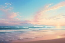 A Tranquil Coastal Scene At Dawn, With Soft Pastel Hues Painting The Sky As Gentle Waves Kiss The Sandy Shoreline.