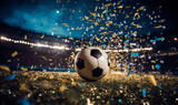 Fototapeta Sport - Football ball with celebration confetti and glitter. Winning team concept