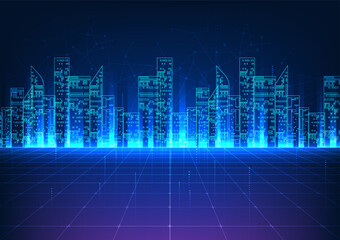 Smart city technology background is a grid of technology concepts that create a virtual environment city used to communicate, learn and do business through Virtual Reality.