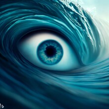 Human Bird's Eye Face Side View Looking At You From Blue White Ocean Deep Sea Water Wave Breaking On Reef Great For Surfing Surfboard And Splashing Before Hitting The Beach Shot From Drone
