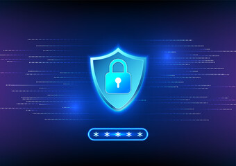 Fototapete - Security technology The lock inside the shield is a security technology in the Internet network. Verification of access to sensitive information with a password. Prevent data theft and loss