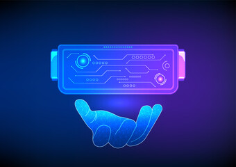 Poster - Virtual Reality Technology Hand holding a VR headset represents man made innovations in business and entertainment. It is a technology that allows you to enter the virtual world.
