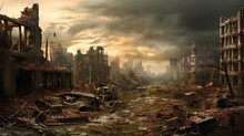 Panoramic View To The  Destroyed City After The War. Dramatic Scene Of The Bombed Out, Burning And Fuming City. Human Suffering And War.  Ruined, Deserted City After War With Dark Clouds. AI Generated