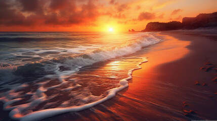 Poster - Beautiful seascape at sunrise. Beautiful beach and tropical sea under while orange sunset with clouds.  Beautiful summer seascape. Composition of nature.  Travel and  holiday concept. AI generated.