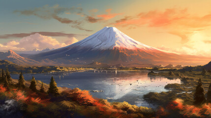 Poster - Mount Fuji and lake Kawaguchiko at sunset, Japan. Beautiful colorful landscape with mountains and river at sunrise. Beautiful Fantasy landscape with mountain lake and forest at sunset.  AI generated.