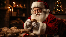 Portrait Of A Man In Santa Claus Costume Eating A Cookie At Christmas