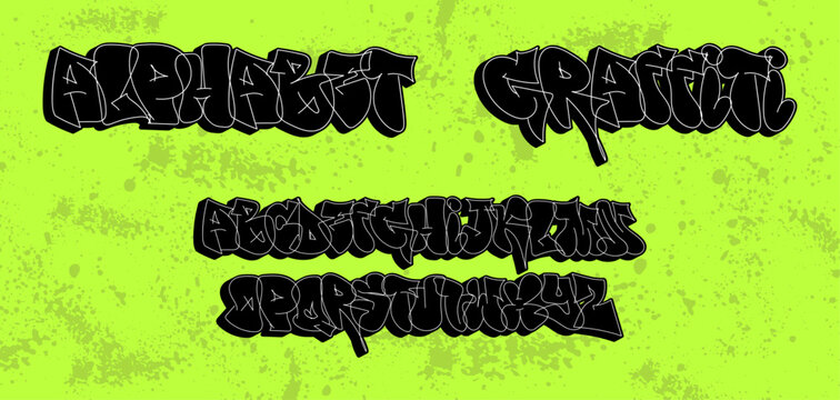 Wall Mural -  - Street alphabet in graffiti style. Font from 3D letters, street calligraphy alphabet, tags. Graffiti bubble font, 3D capital letters. Vector artistic graphic box for typography. Vector collection