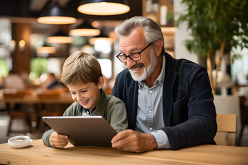 older employee helping a younger co-worker with a tablet, laptop, or other office equipment