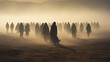black silhouettes wander through the desert apocalypse fantasy.