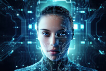 The Face Of An Android Woman Covered With Microcircuits Against The Background Of IT Equipment.