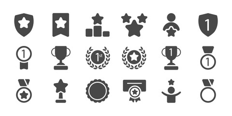 Set with award, award with number 1, one, trophy cup, trophy cup with star, winner medal, trophy star, user with rating vector icons