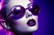 © Valua Vitaly - Fashion portrait of a stylish beautiful girl in purple sunglasses.  Close-up portrait of a sexy and sensual beautiful young blonde woman with purple lips on purple background.