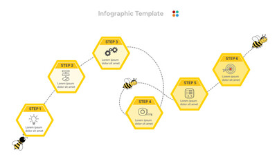 Six steps hexagon beehive timeline with icon infographic. Can be used for presentation, workflow, layout, process, diagram and etc. Vector Infographic.