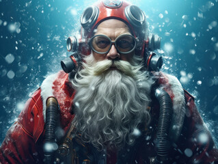 After leaping from an airplane, an elderly man with a white beard, clad in a red Santa suit, touched down in the ocean. Generative AI.