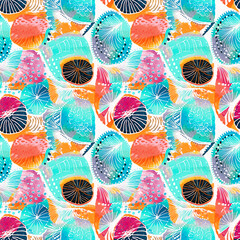  Seamless blue red underwater shell clam repeat background. Tropical modern seashell coastal pattern clash fabric coral reef print for summer beach textile designs with a linen cotton effect.