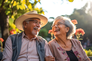 An elderly Hispanic couple enjoying outdoors, their love palpable, reflecting a Latin American immigrant's fulfilling retirement