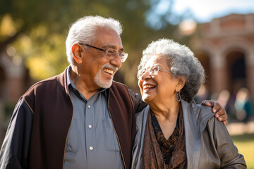 Wall Mural - An elderly Hispanic couple enjoying outdoors, their love palpable, reflecting a Latin American immigrant's fulfilling retirement