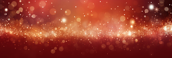 Christmas red gold background with gold and yellow bokeh, stars, snowflakes. Horizontal banner.