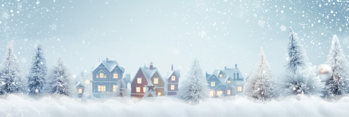 Christmas white-blue light winter background with cozy European houses and Christmas trees on a light blue background with white bokeh, stars, snowflakes. Horizontal banner.