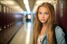 Portrait Of A Young Teenage Girl In School At The Locker-lined Hallway, Wearing Backpack